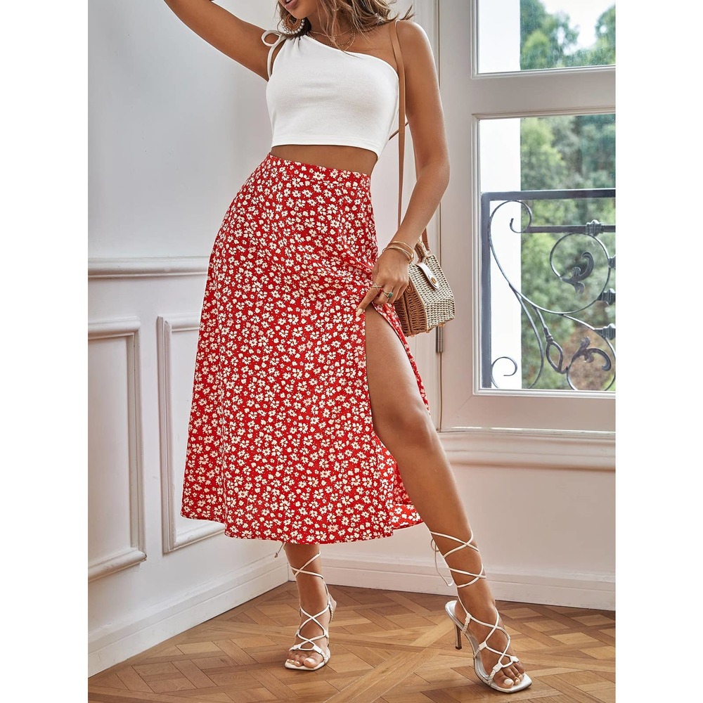 2 piece set: white Tie Shoulder Crop Top & red Floral Split Thigh midi Skirt Set - Picture 2 of 5